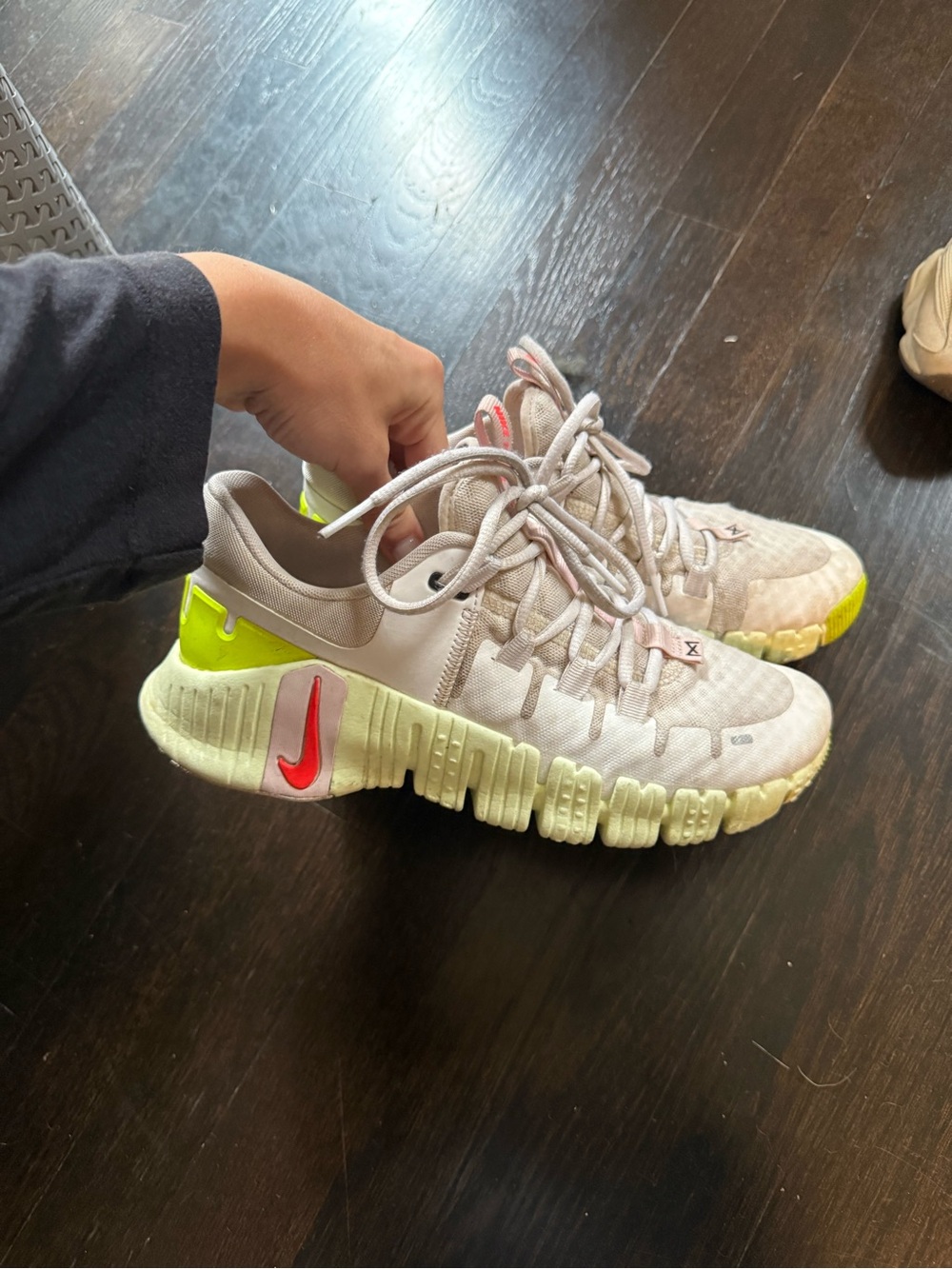 Nike Kids Beige Sneakers with Neon Green Heel and Coral Swoosh